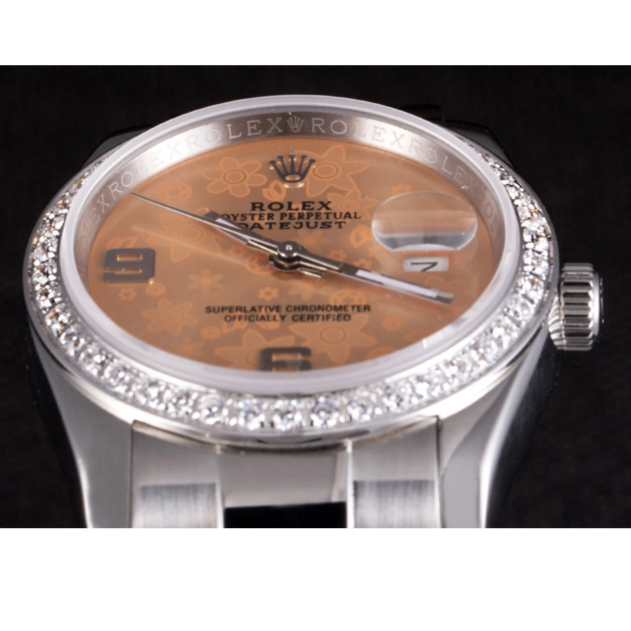 Good Copy Rolex Watches Plated Flowers Dial Steel Diamond Orange Polished Stainless Datejust Rolex 0729